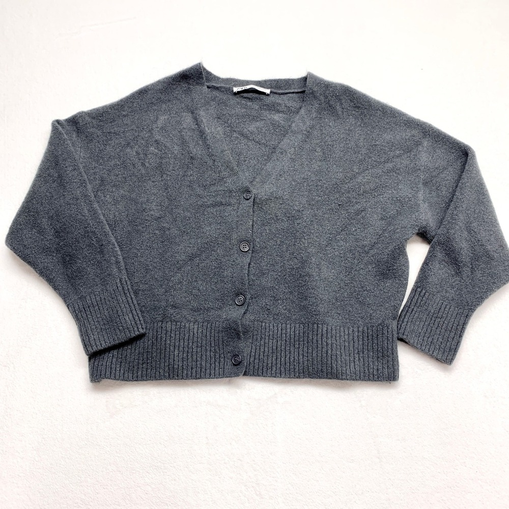 Zara Soft Knit Cardigan Womens Size S Charcoal Grey Wool Blend V-Neck Cropped